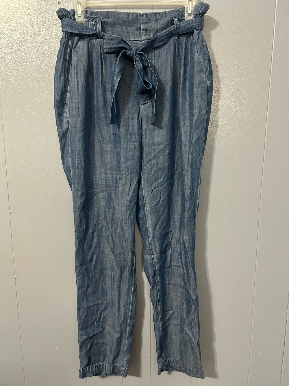 Calvin Klein Denim-Style Tie-Waist Straight Leg Pants — Blue